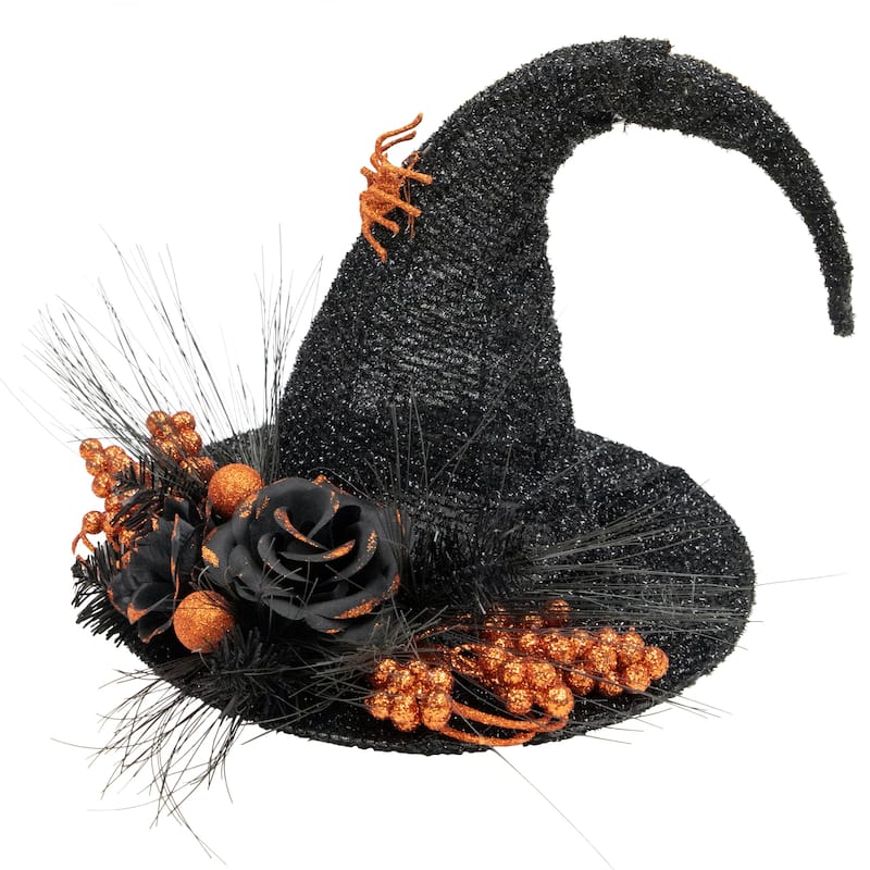 16" Black Tinsel Witch's Hat Orange Glittered Roses Halloween Decor