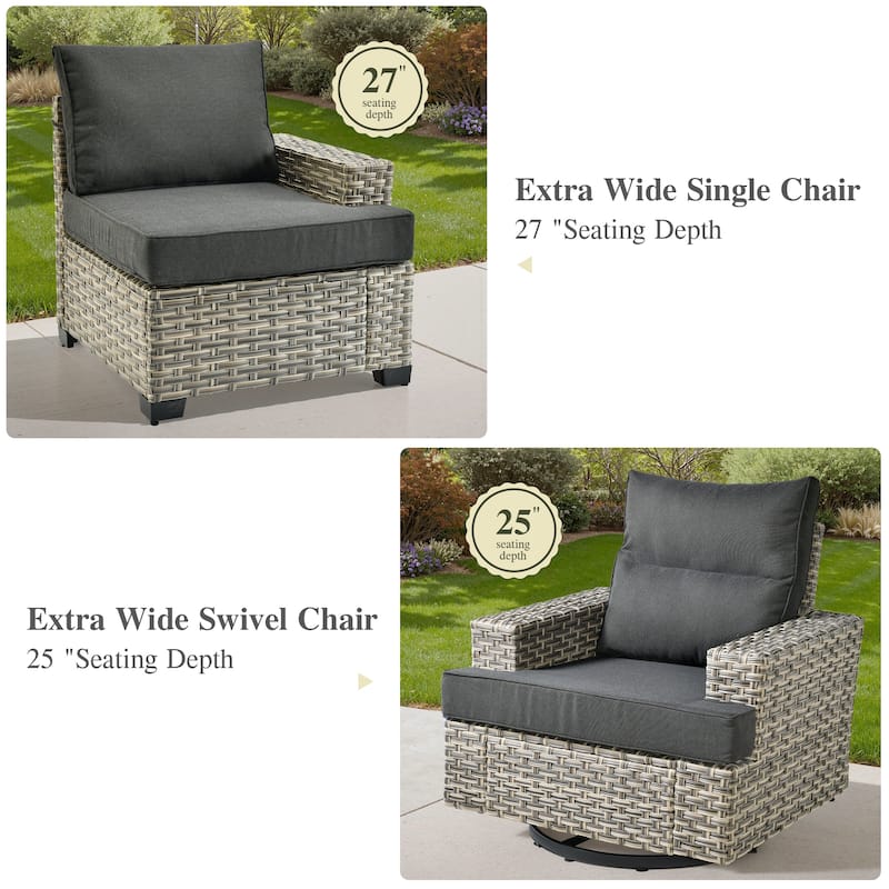OVIOS 10 Pieces T shaped Seat Wide Armrest Swivel Chair Set With Solar-Powered Table&Fire Pit