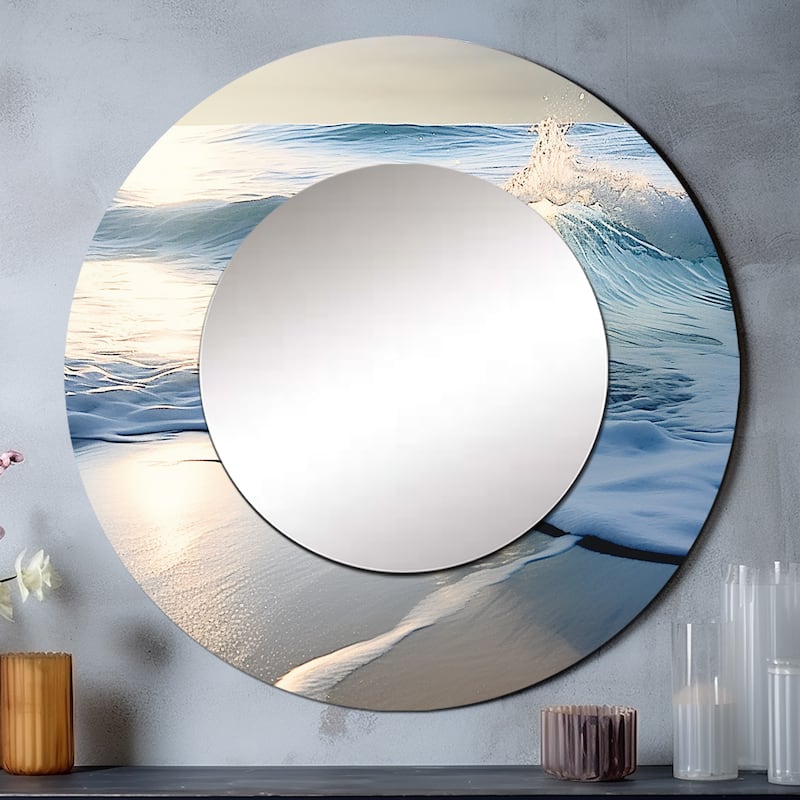 Designart "Beach Wave Scenery Photo I" coastal waves Round Bathroom Mirror - Blue Nautical & Coastal Round Wall Décor