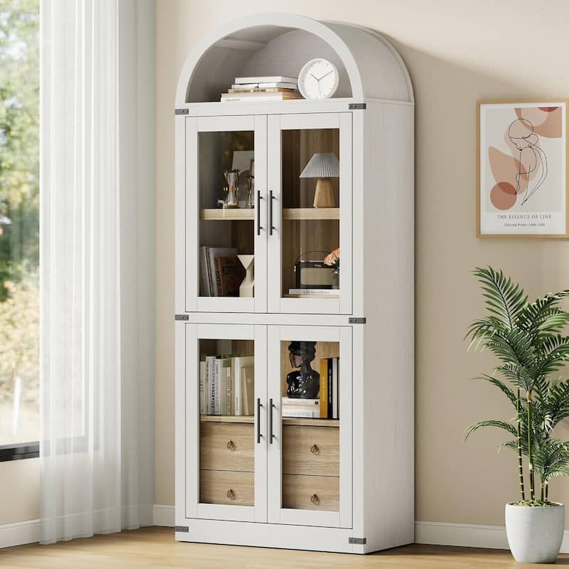 71.4 in Tall Arched Bookshelf with Doors and Drawers - N/A - White
