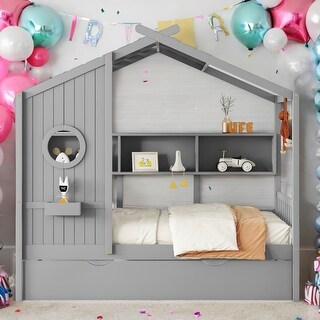 Playhouse Design Twin Size House Wooden Bed With Trundle, Modern Design for Kids with Storage Shlef-Gray