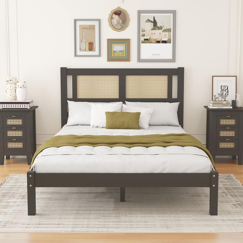 Platform bed with natural rattan headboard - Black - Full
