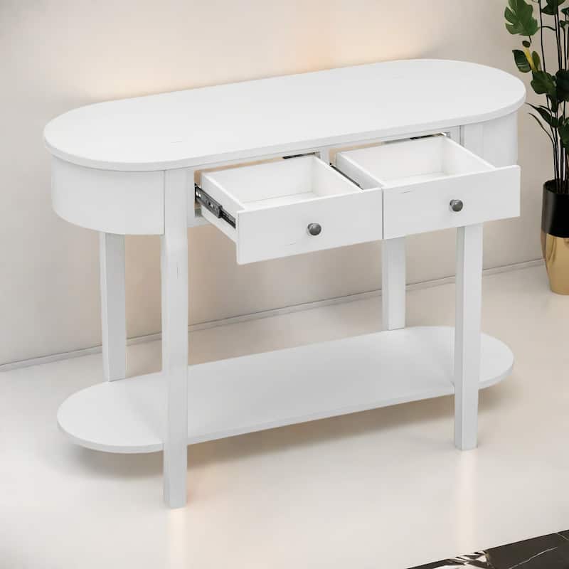 40" Solid Wood Console Table with Real Wood Veneer, 2 Drawers and Lower Shelf, MDF and Pine Frame - Antique White