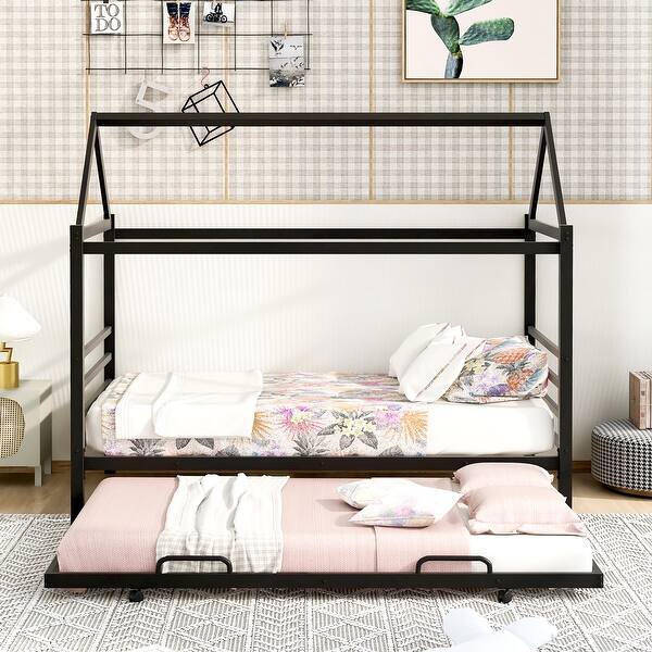 slide 2 of 24, Twin Size Stylish Metal House Shape Platform Bed With Trundle Black