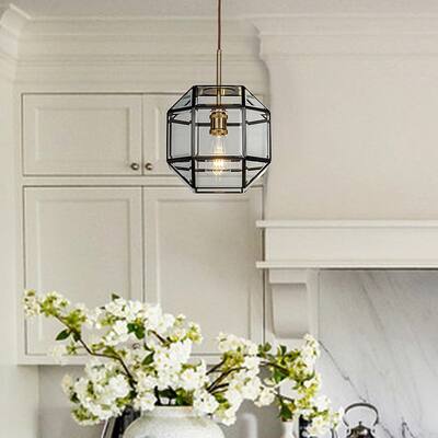 1-Light Anitque Coffee Patina Geometric Pendant Lamp with Clear Glass