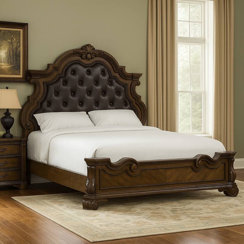Leova King Bed, Bombay Headboard, Faux Leather Upholstery, Dark Brown