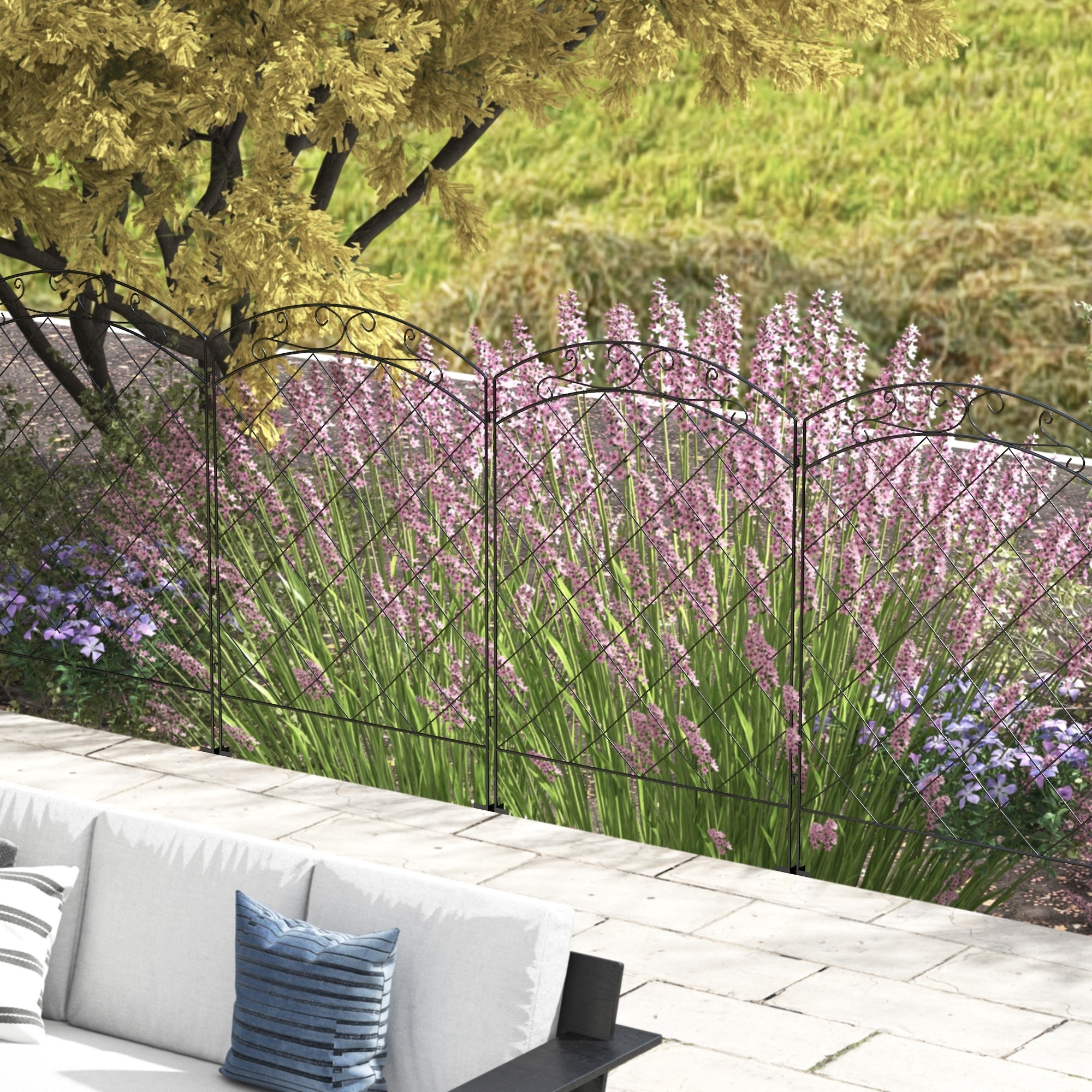 Outsunny Garden Fence, 4 Pack Steel Fence Panels, 11.4' L x 43" H, Rust-Resistant Animal Barrier Decorative Border Flower