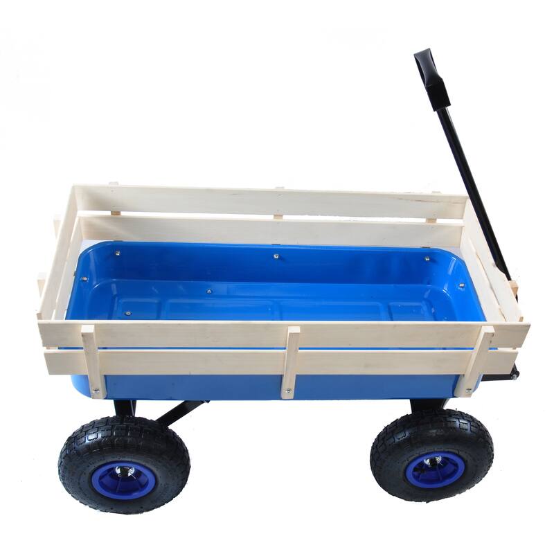 All-Terrain Garden Utility Wagon - Removable Wooden Sides, Steel Bed, 10-Inch Air Tires, and Foldable Handle