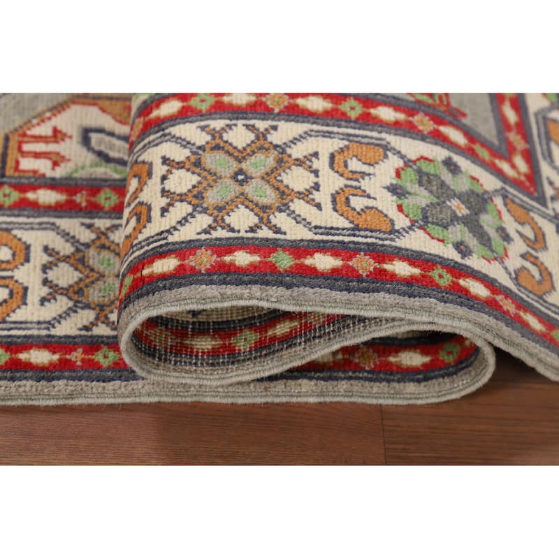 Traditional Grey Kazak Foyer Rug Hand-Knotted Wool Carpet - 3'2" x 4'11"