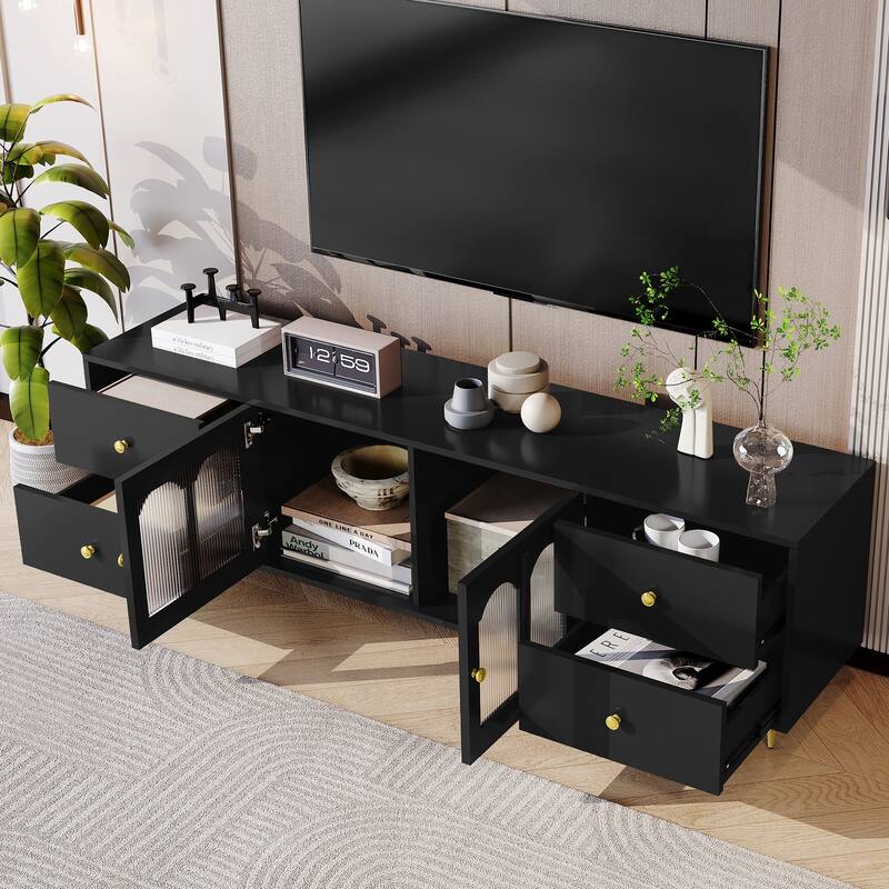 70.9" TV Stand with Glass Doors and 4 Drawers with Adjustable Legs