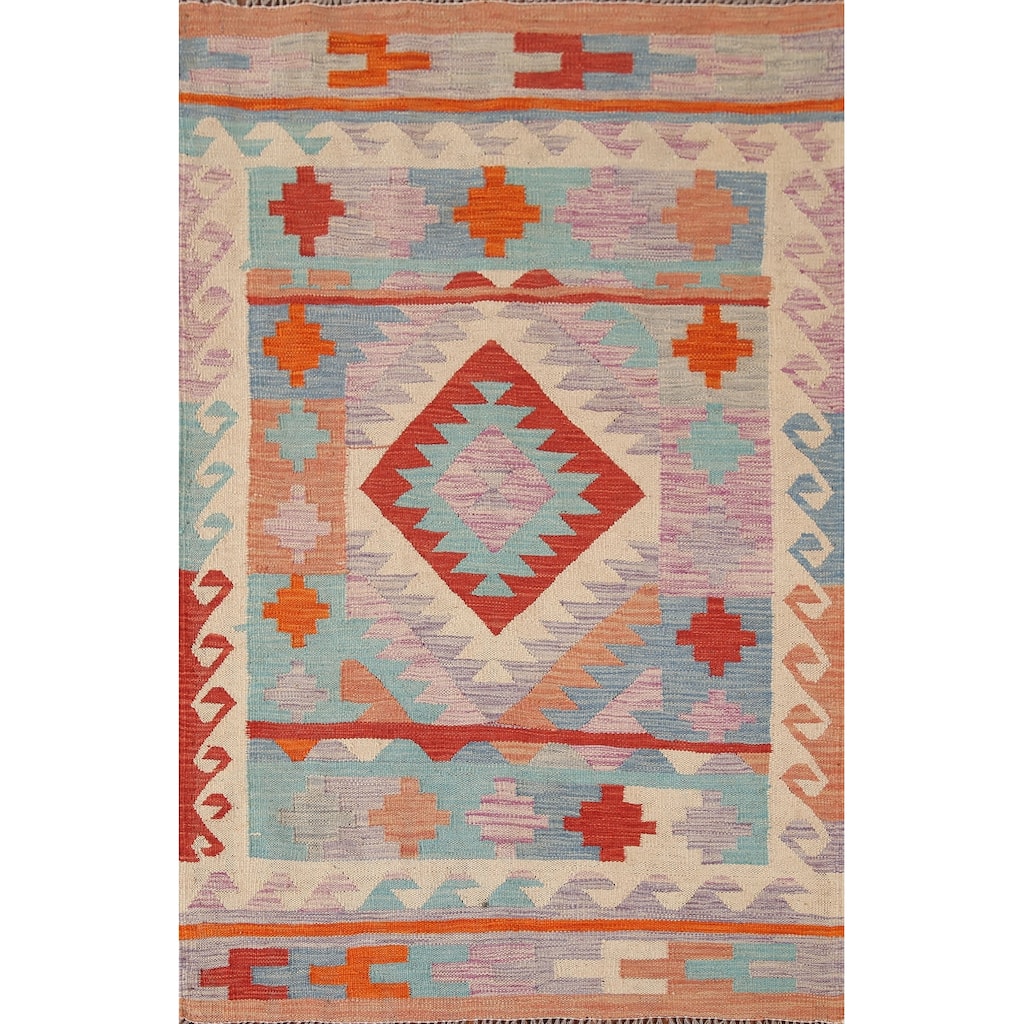 Reversible Kilim Oriental Accent Rug Hand-Woven Wool Carpet - 3'3"x 5'0"