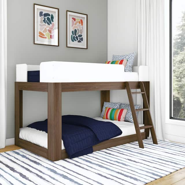 Max and Lily Mid-Century Modern Twin over Twin Low Bunk Bed - White/Walnut
