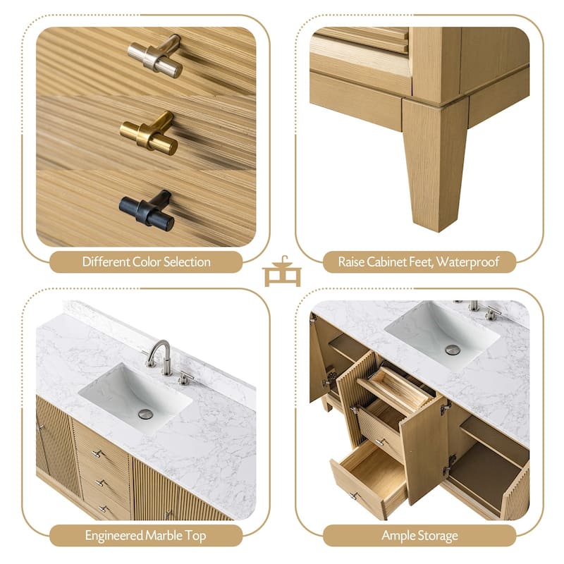 Vanity Art 60" Freestanding Bathroom Vanity with Engineered Marble Top and Sink