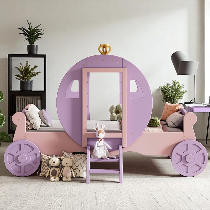 Twin Size Princess Carriage Bed with Crown and Stairs, Kids Wooden Platform Bed Frame with Slats and Fairy Tale Design
