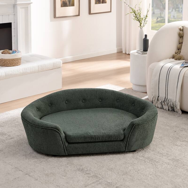 Oval Semi-Enclosed Dog Sofa, Durable Linen Material, Button-Tufted Backrest, High-Center Low-Sides Support Plush Comfort-Beige