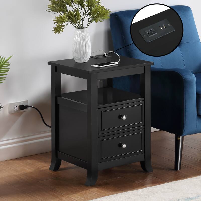 Convenience Concepts Melbourne 2 Drawer End Table with Charging Station and Shelf - Black
