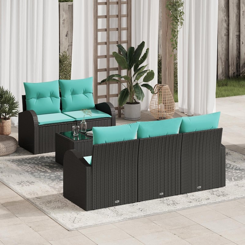 vidaXL 6 Garden Sofa Set with Cushions Black/Brown/Grey Poly Rattan - 70.5 x 24.4 x 27.2 - Black