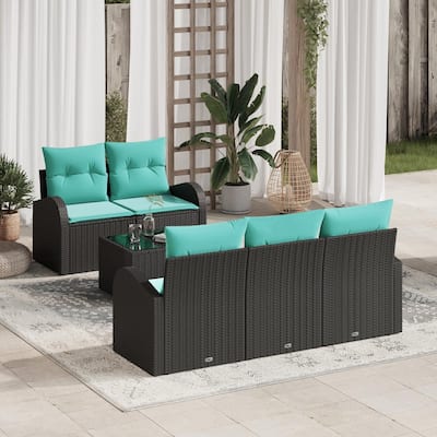 vidaXL 6 Garden Sofa Set with Cushions Black Poly Rattan - 70.5 x 24.4 x 27.2