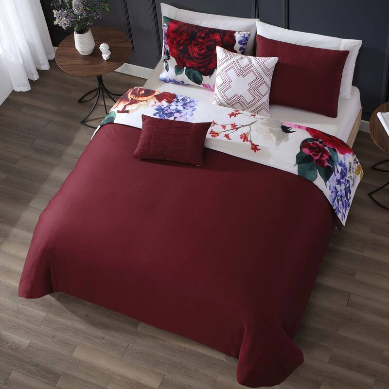 Bebejan Magenta Floral 100% Cotton 5 Piece Reversible Comforter Set