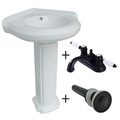 Portsmouth White Porcelain Corner Pedestal Sink with Black 4" Centerset Faucet, Drain and Overflow