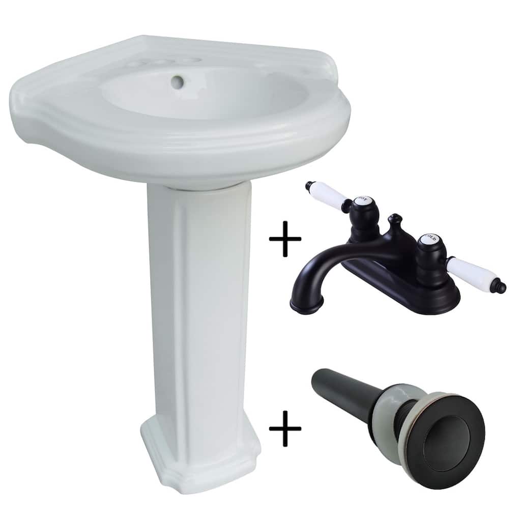 Portsmouth White Porcelain Corner Pedestal Sink with Black 4" Centerset Faucet, Drain and Overflow