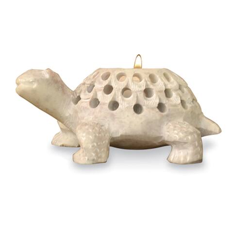 Stone Turtle Tea Light Holder with 1 Led Tea Light with Timer - Walnut