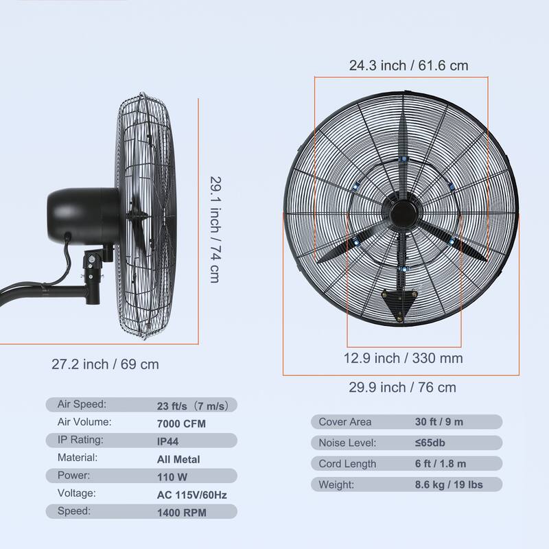 Wall-Mount Misting Fan, 24 Inch, 3-speed High Velocity Max, 7000 CFM, Waterproof Oscillating Industrial Wall Fan