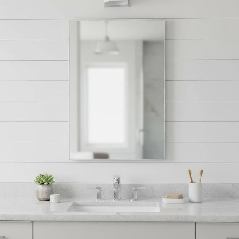 HomeRoots 38" Silver Aluminum Framed Bathroom Vanity Mirror - 26.00 in. x 38.00 in. x 1.00 in. - 26.00 in. x 38.00 in.  x 1.00 in.