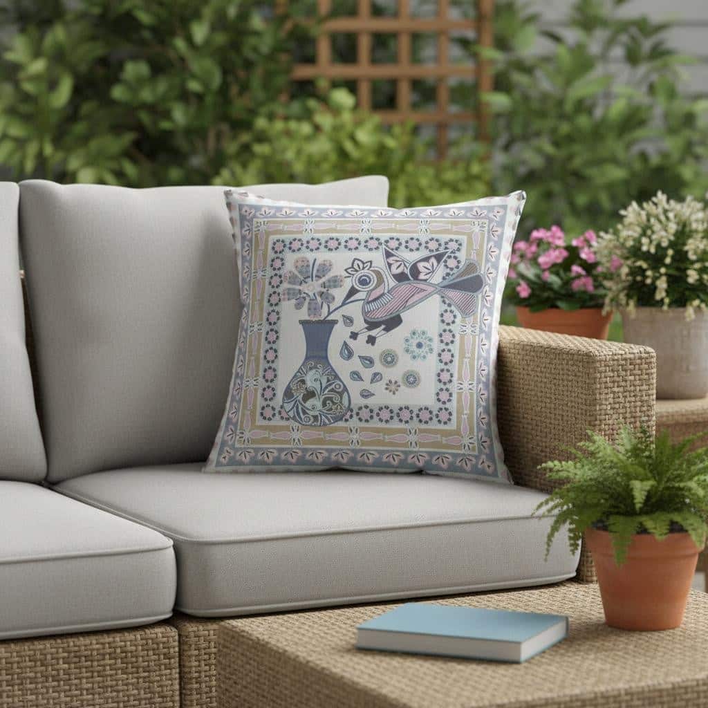 HomeRoots 18" x 18" Beige and White Peacock Blown Seam Floral Indoor Outdoor Throw Pillow - 18.00' X '5.00' X '18.00