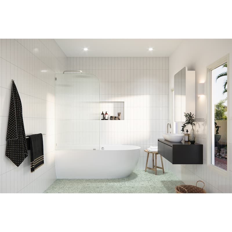Aurora 58.25 in. x 30 in. Frameless Bath Shower Door - Single Fixed Panel Fluted Frosted Radius Left Hand