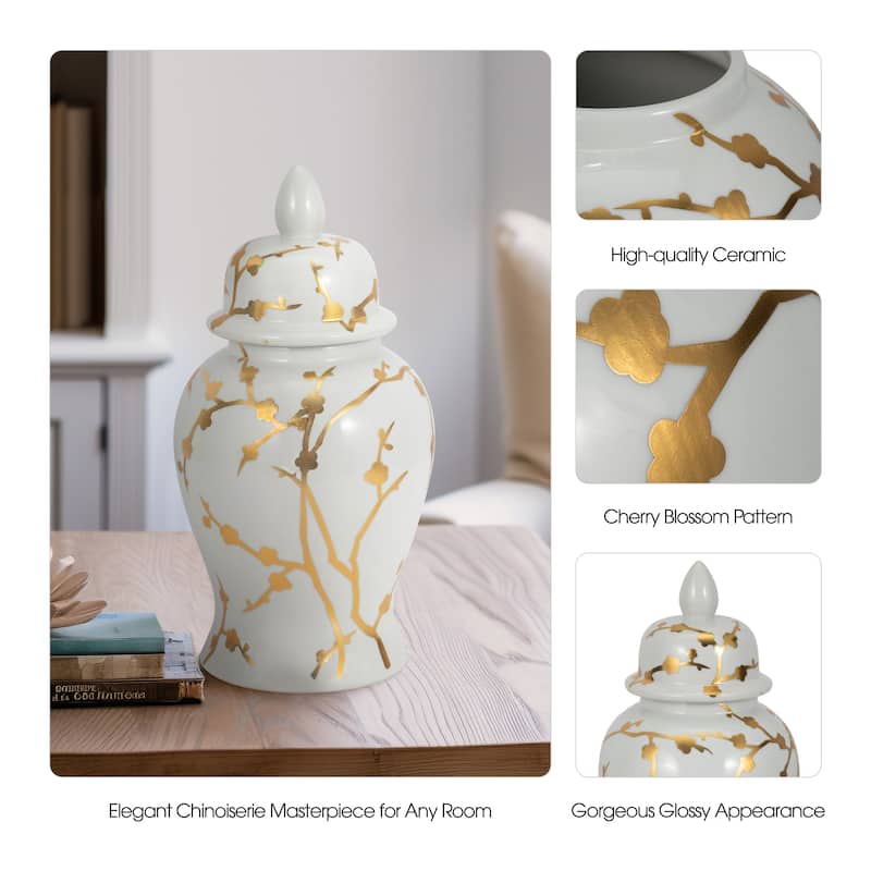 Sagebrook Home Elegance 14" White Ceramic Temple Jar with Gold Cherry Blossom - Chinoiserie Accent Piece