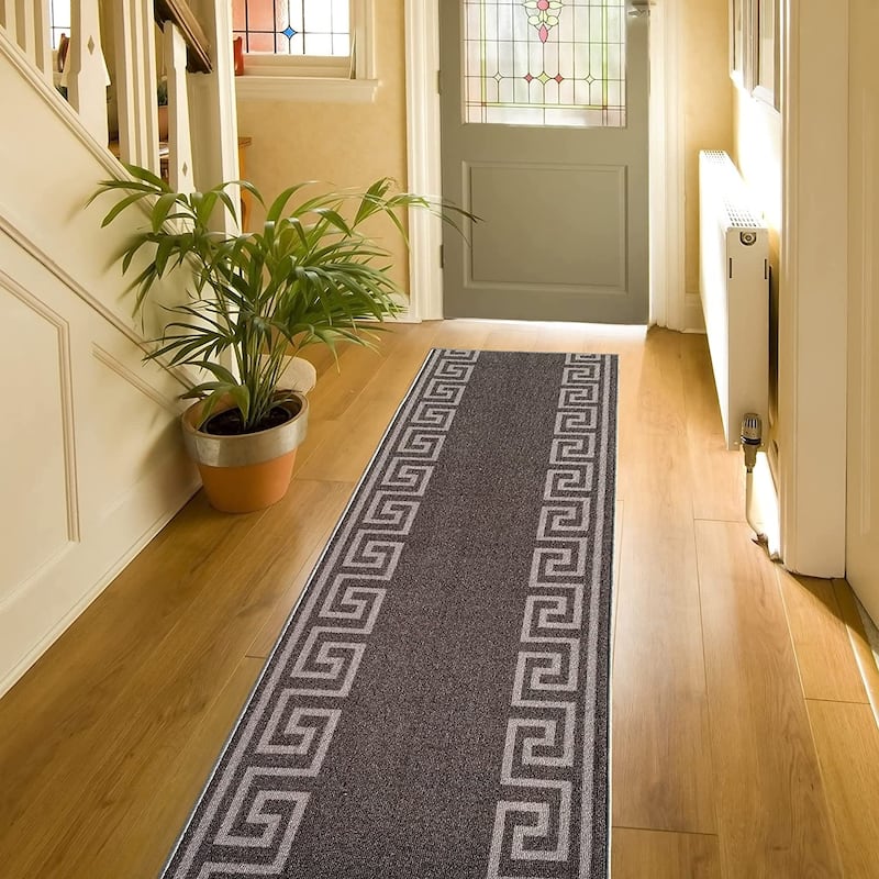 Custom Size Greek Design Gray 26 Inch Wide Non-Slip Stair Runner Rug - 11 Feet - Dark Gray