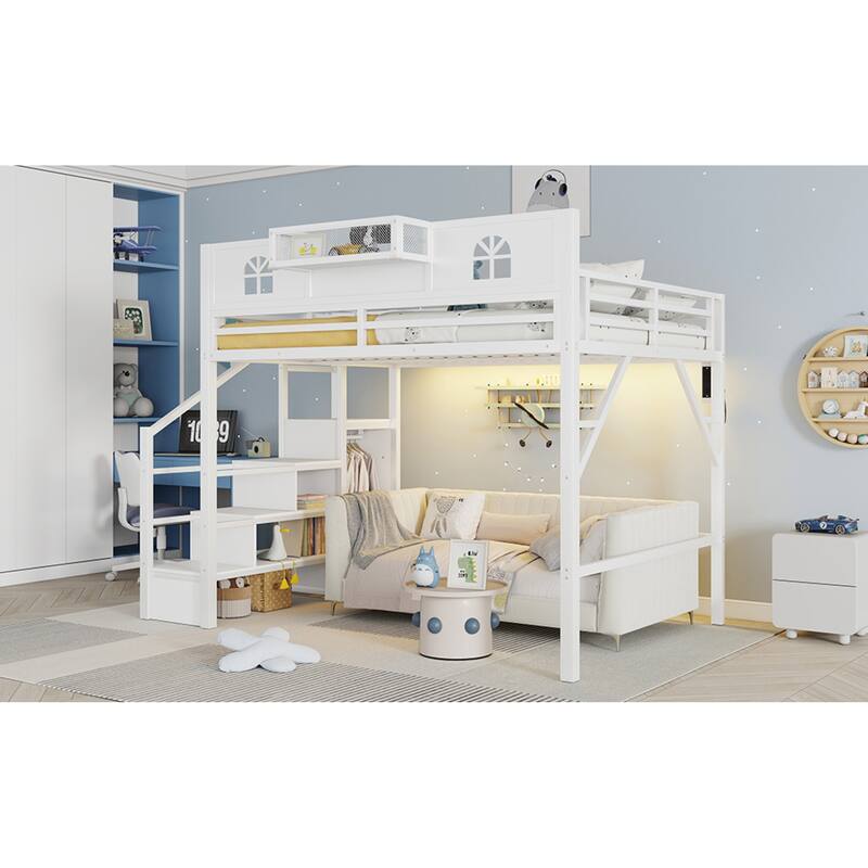 Roomfitters Full/Queen Metal Loft Platform Bed, Staircase Wardrobe and LED Charging Station with House Guardrails for Bedrooms