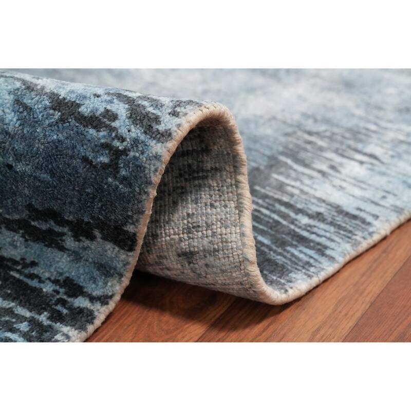Hand Knotted Oriental Viscose Silk Carpet Modern Pictorial Navy Blue & Blues Abstract Area Rug - 7' 6'' X 5' 8''