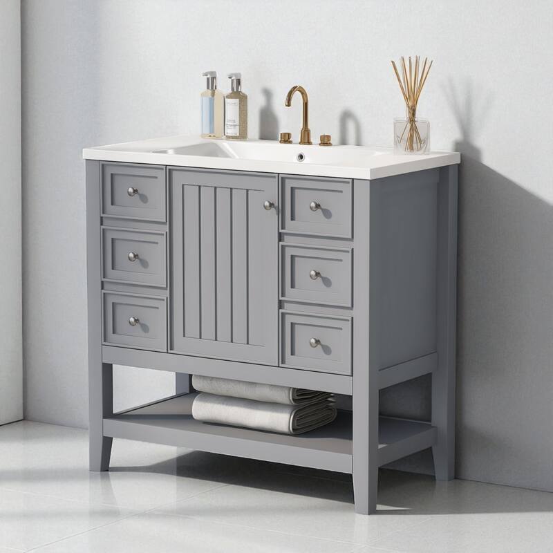 36" Freestanding Bathroom Vanity with Ceramic Sink, Cabinet & 3 Drawers, Solid Wood & MDF Construction - Grey