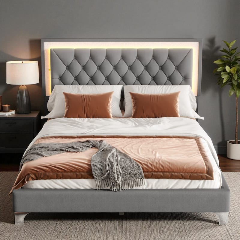 Queen Size Velvet Upholstered Bed Frame with LED Lights, Modern Tufted Headboard Platform Bed with Slats