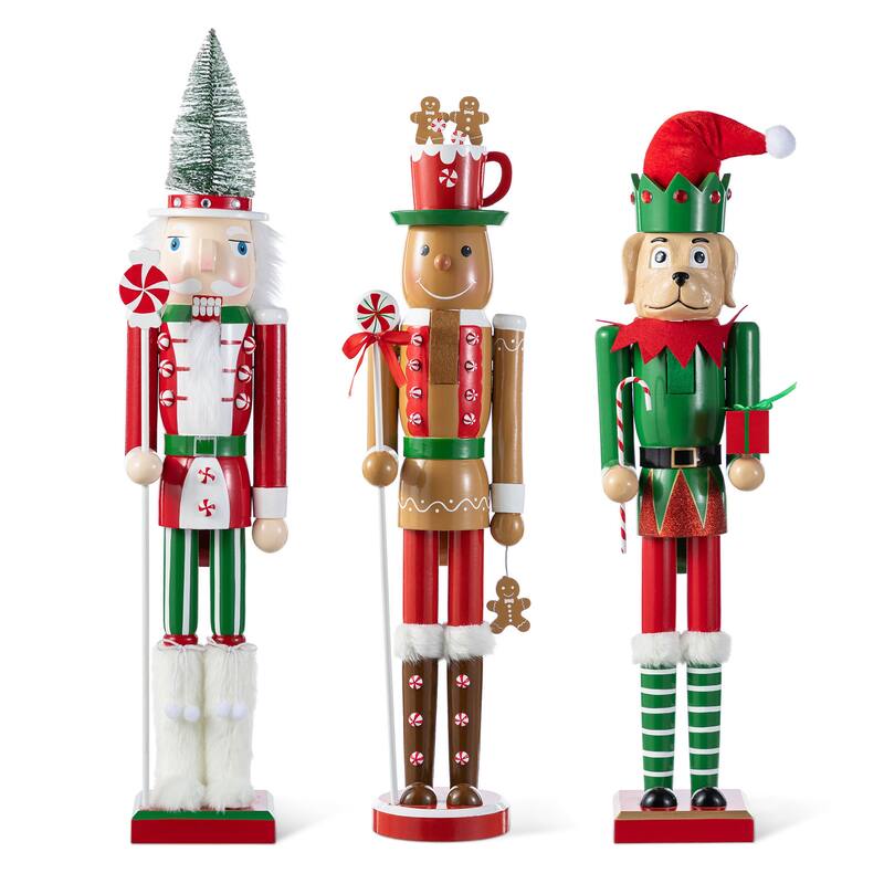 Glitzhome Set of 3 Wooden Christmas Novelty Pink Cake & Gingerbread Man & Elf Dog Nutcracker