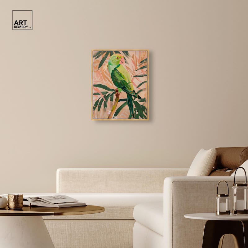 Coral and Green Parrot Canvas by Art Remedy