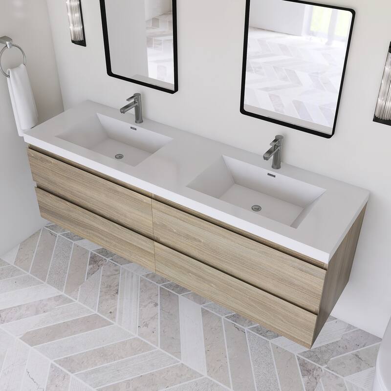 Modern Wall-Mounted Bathroom Vanity with White Solid Surface Top