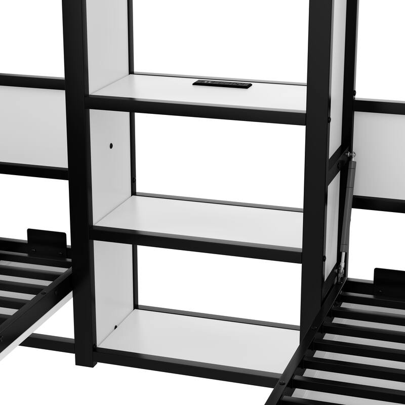 Twin Size Double Murphy Bed Wall Bed, Wooden Foldable Murphy Bed Frame with Wardrobe, Shelves and Charging Station