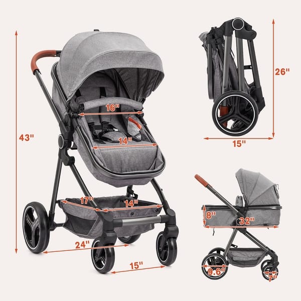 dimension image slide 0 of 3, Foldable Baby Stroller with Adjustable Canopy