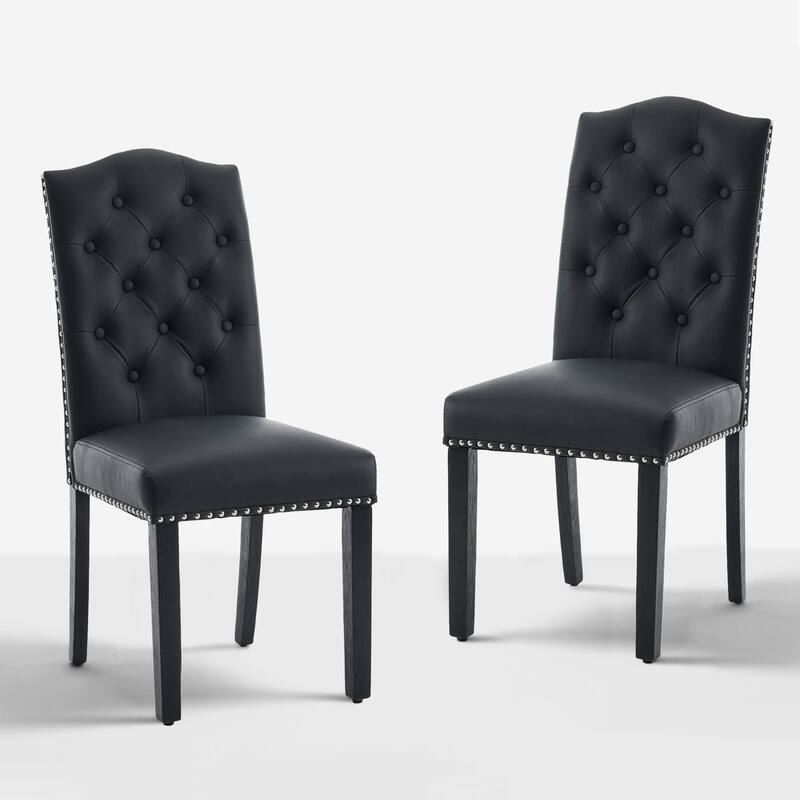Faux Leather Dining Chair With Elegant Nailhead Accents, Diamond-Button Tufted Back (Set of 2).