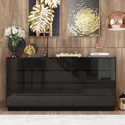 Wood 8 Drawer Double Bedroom Dresser in White High Gloss With Light