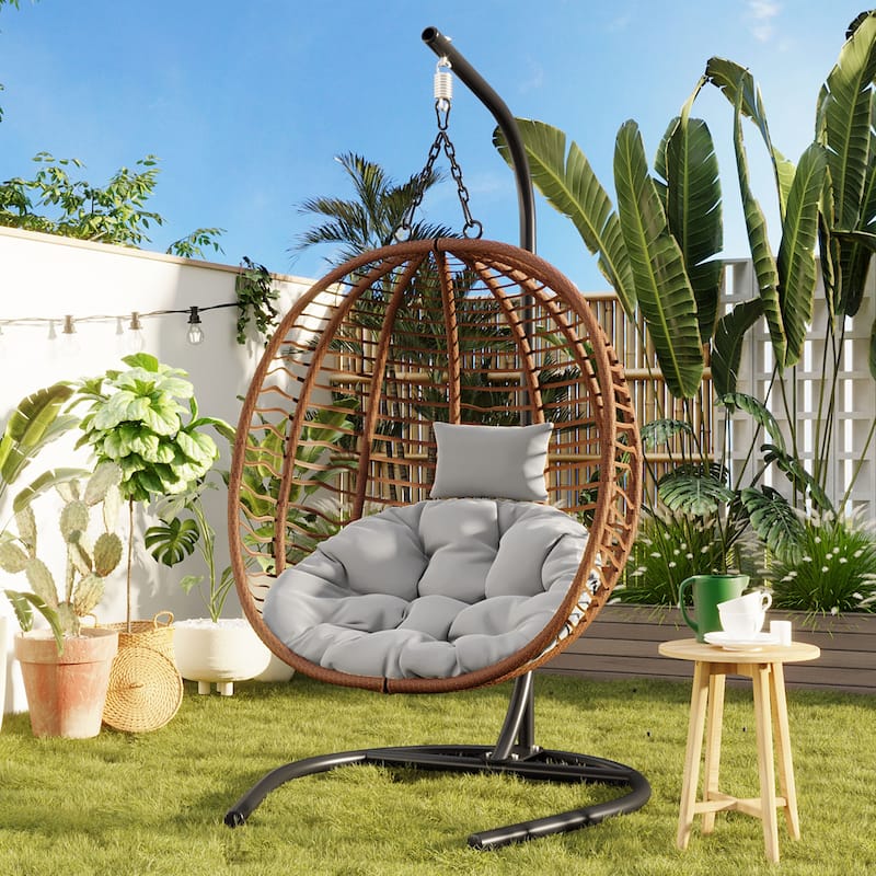 Single Person Folding Egg Chair with Stand, Hanging Egg Chair, Wicker Hammock Swing Chair with Adjustable Anti-Slip Feet - Brown+Gray