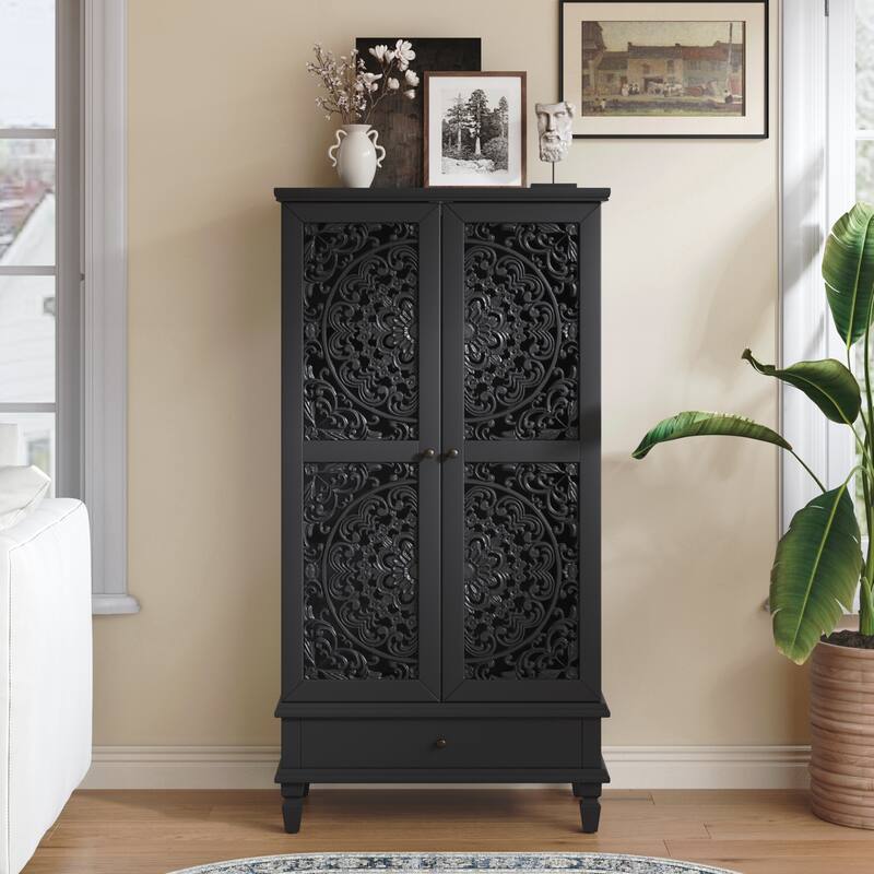 Tall Storage Cabinet with Drawer, Decorative 2-Door Carved Wood Accent Cabinet