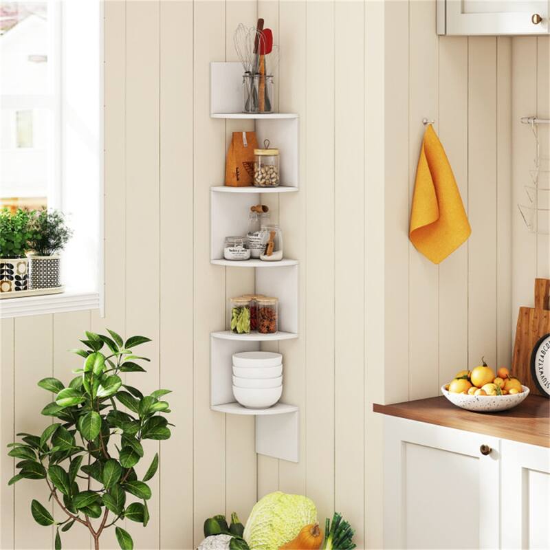 5-Tier Floating Corner Shelf Wall Mounted Organizer for Living Room Bedroom or Kitchen - 8" x 8" x 50"