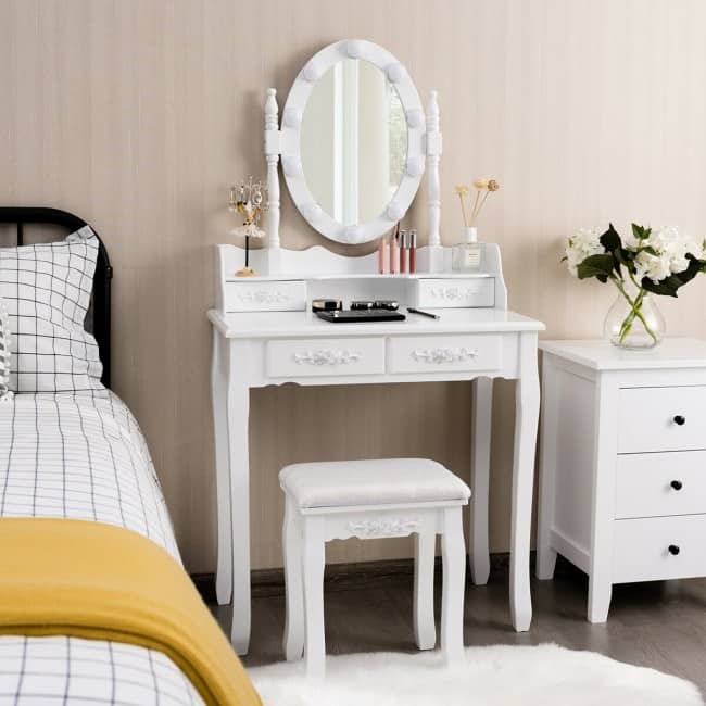 Makeup Dressing Table with Touch Switch Lighted Mirror and Cushioned Stool - 29.5"(L) x 16"(W) x 57"(H)
