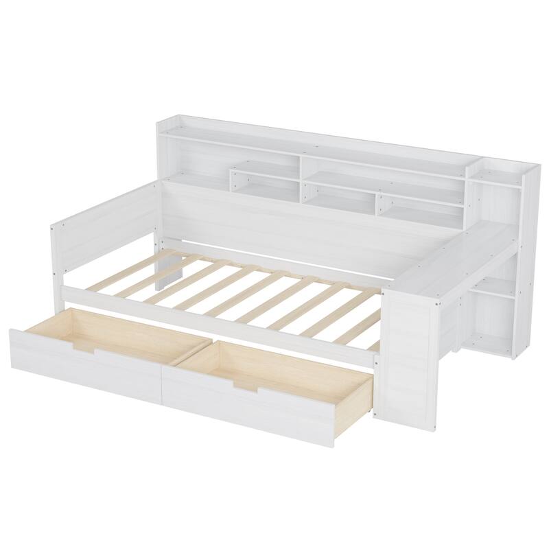 Wood Twin/Full Size Daybed with Storage Shelves, Two Storage Drawers and Study Desk
