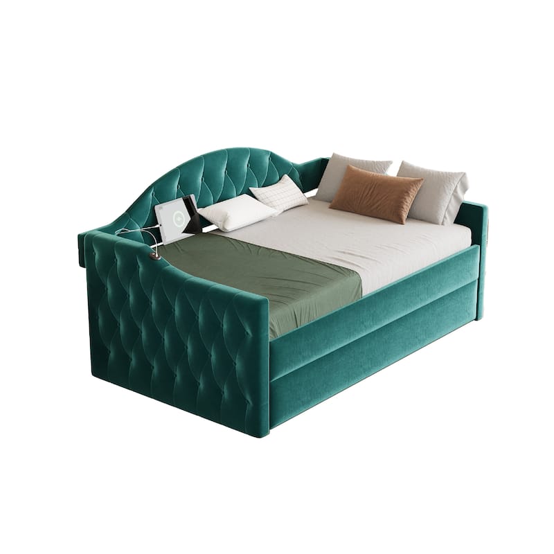 Tufted Upholstered Frame Daybed Velvet Sofa Bed with USB and Type-C Charging Ports, Twin Platform Low Profile Bed with Trundle