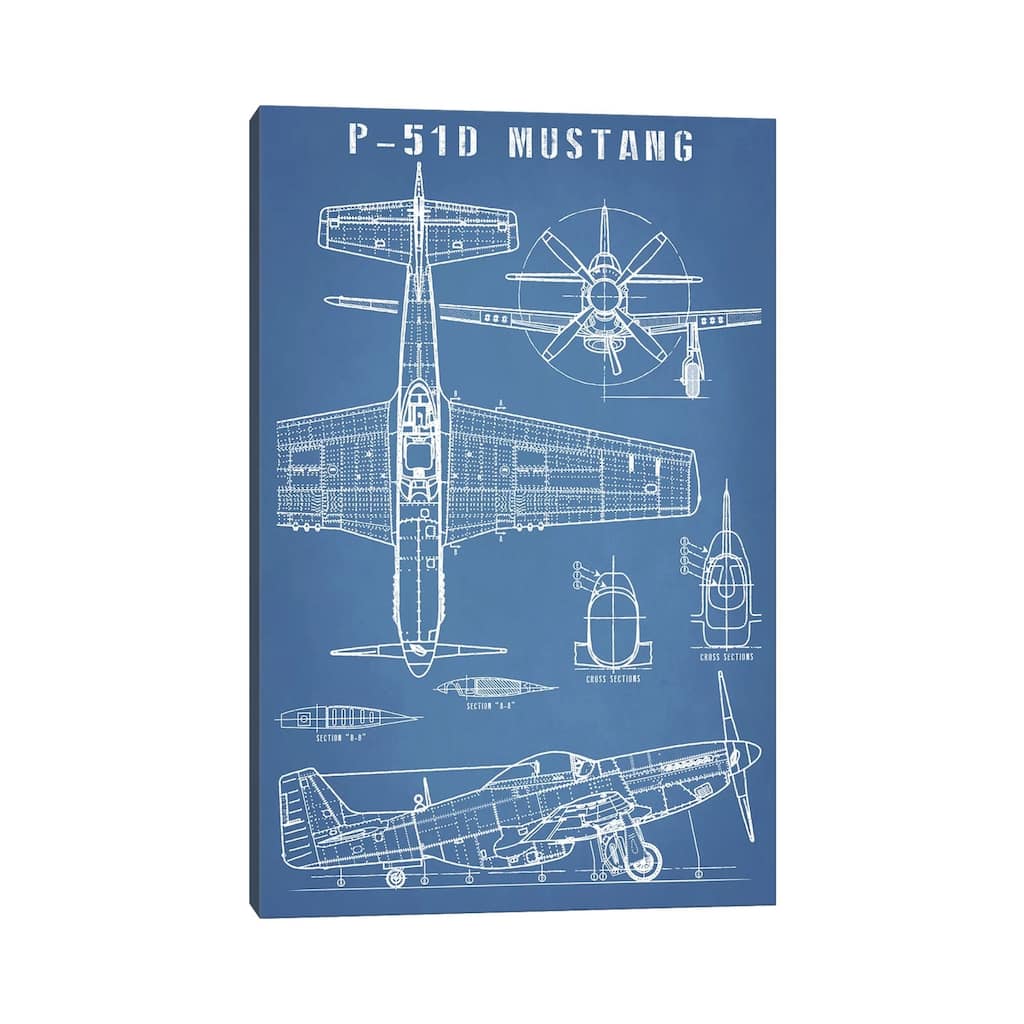 iCanvas "P-51 Mustang Vintage Airplane Blueprint" by Action Blueprints Canvas Print